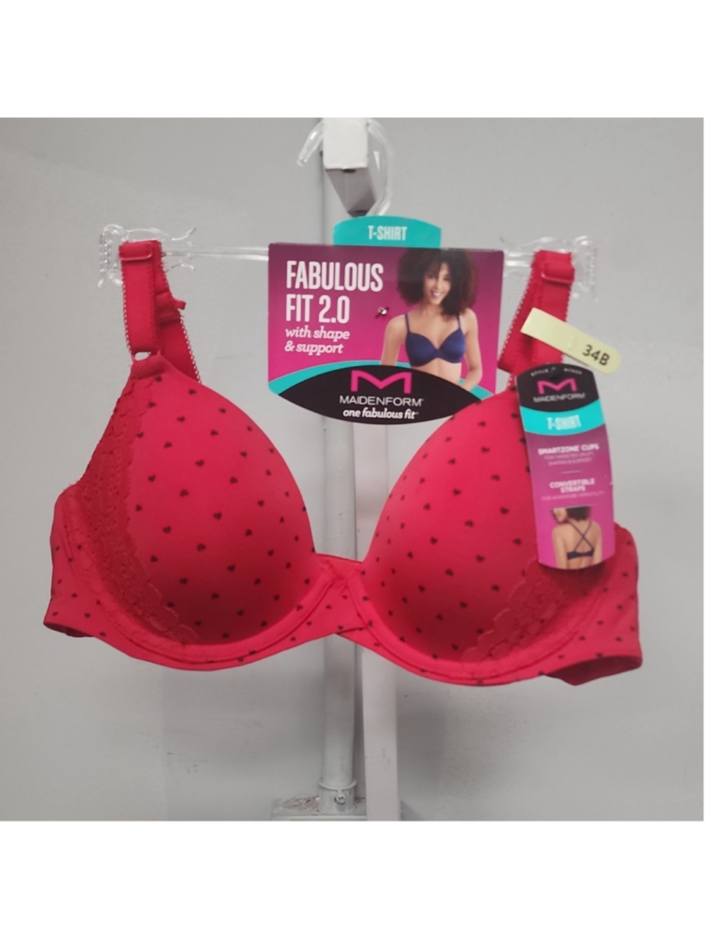 Maidenform Fabulous Fit 2.0 T-Shirt Bra 34B Red Black Heart Convertible Straps